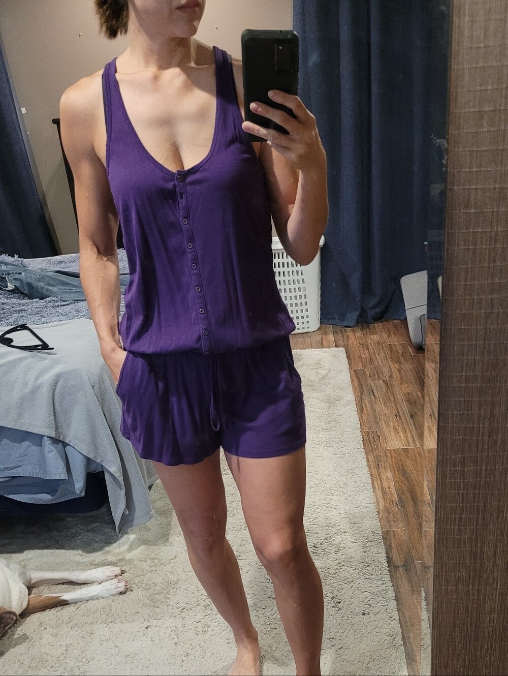 Express Purple Button-Front Tank Romper